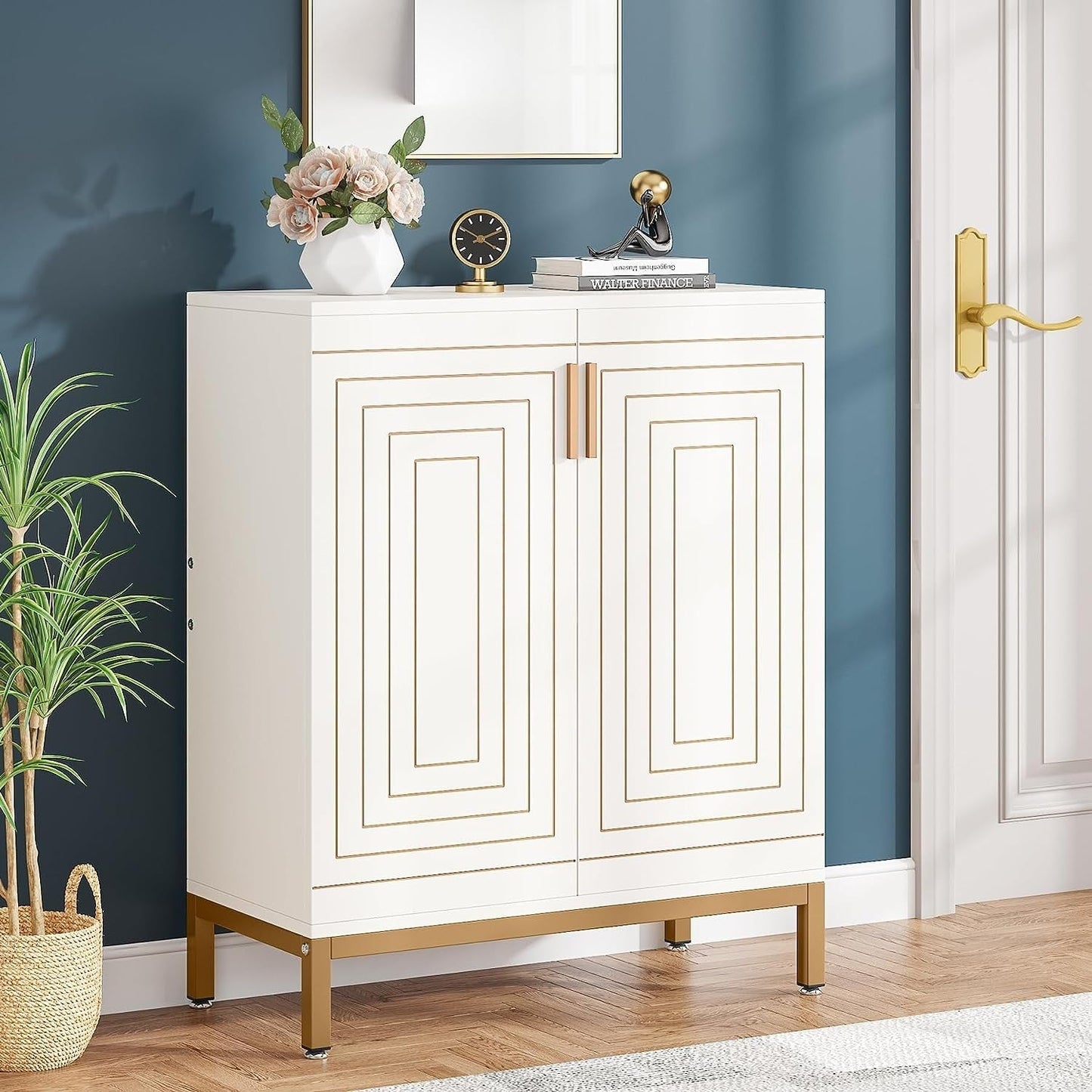 Scarpiera da 20 paia, mobile porta scarpe moderno da 95 cm con ante, bianco e oro.