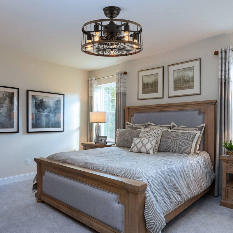 Ventilatore da soffitto a basso profilo da 20 pollici, stile moderno rustico, finitura in legno, con gabbia, luce e telecomando.