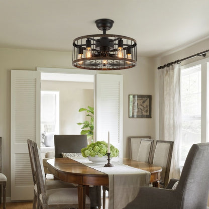 Ventilatore da soffitto a basso profilo da 20 pollici, stile moderno rustico, finitura in legno, con gabbia, luce e telecomando.