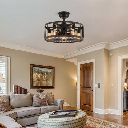 Ventilatore da soffitto a basso profilo da 20 pollici, stile moderno rustico, finitura in legno, con gabbia, luce e telecomando.