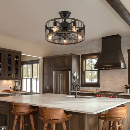 Ventilatore da soffitto a basso profilo da 20 pollici, stile moderno rustico, finitura in legno, con gabbia, luce e telecomando.