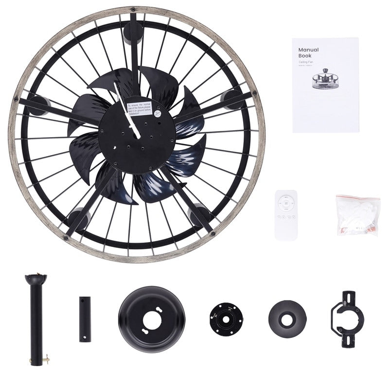 Ventilatore da soffitto a basso profilo da 20 pollici, stile moderno rustico, finitura in legno, con gabbia, luce e telecomando.