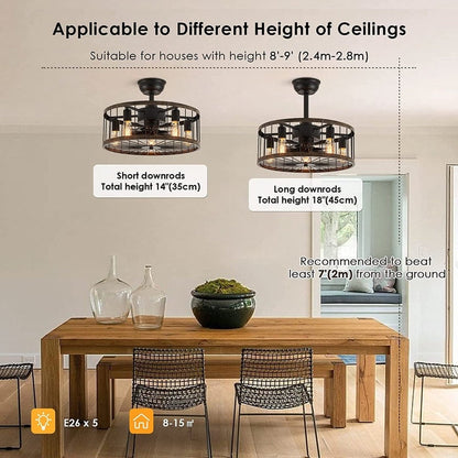 Ventilatore da soffitto a basso profilo da 20 pollici, stile moderno rustico, finitura in legno, con gabbia, luce e telecomando.