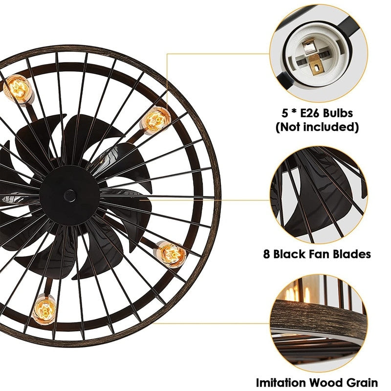 Ventilatore da soffitto a basso profilo da 20 pollici, stile moderno rustico, finitura in legno, con gabbia, luce e telecomando.