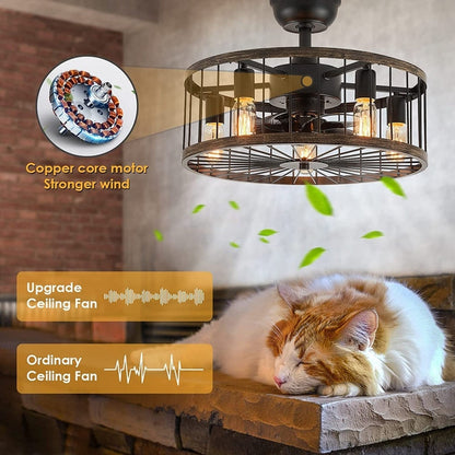 Ventilatore da soffitto a basso profilo da 20 pollici, stile moderno rustico, finitura in legno, con gabbia, luce e telecomando.