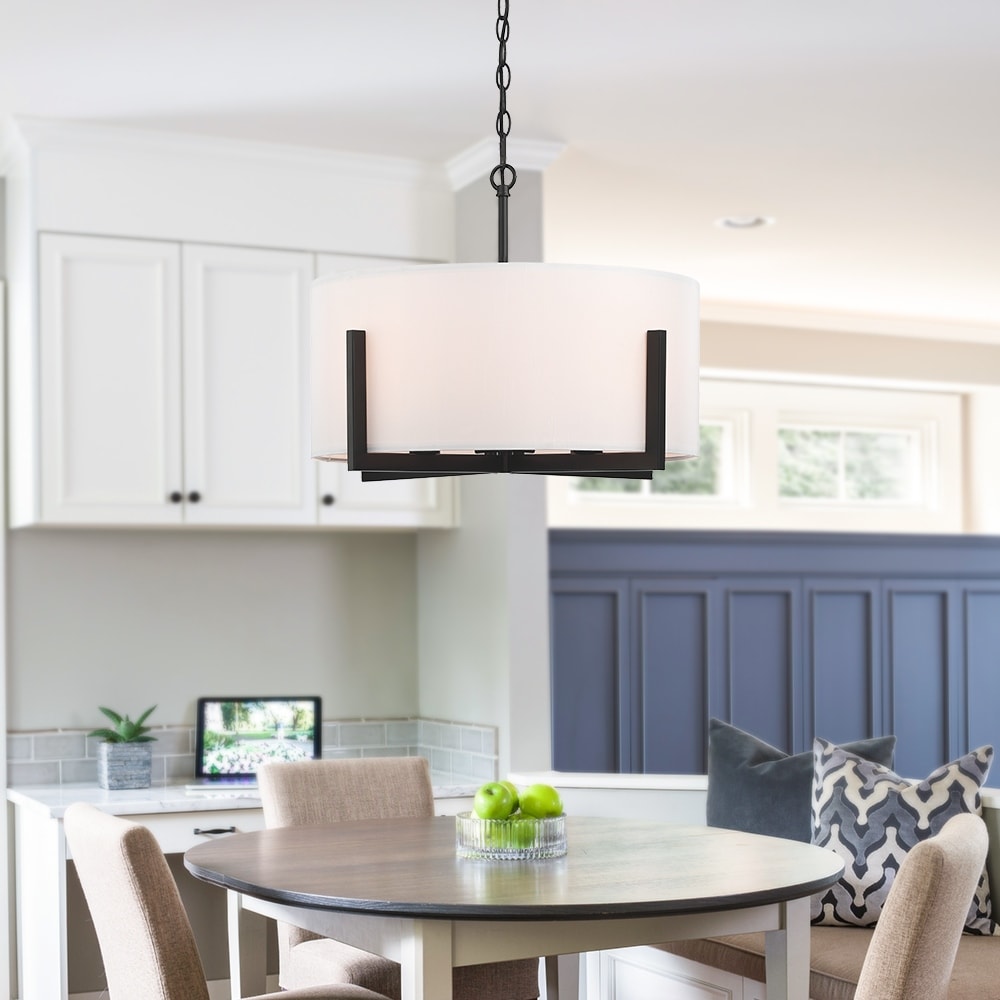 Lampada a sospensione a 4 luci, 22 pollici, nera opaca, con paralume bianco a forma di tamburo - 22W