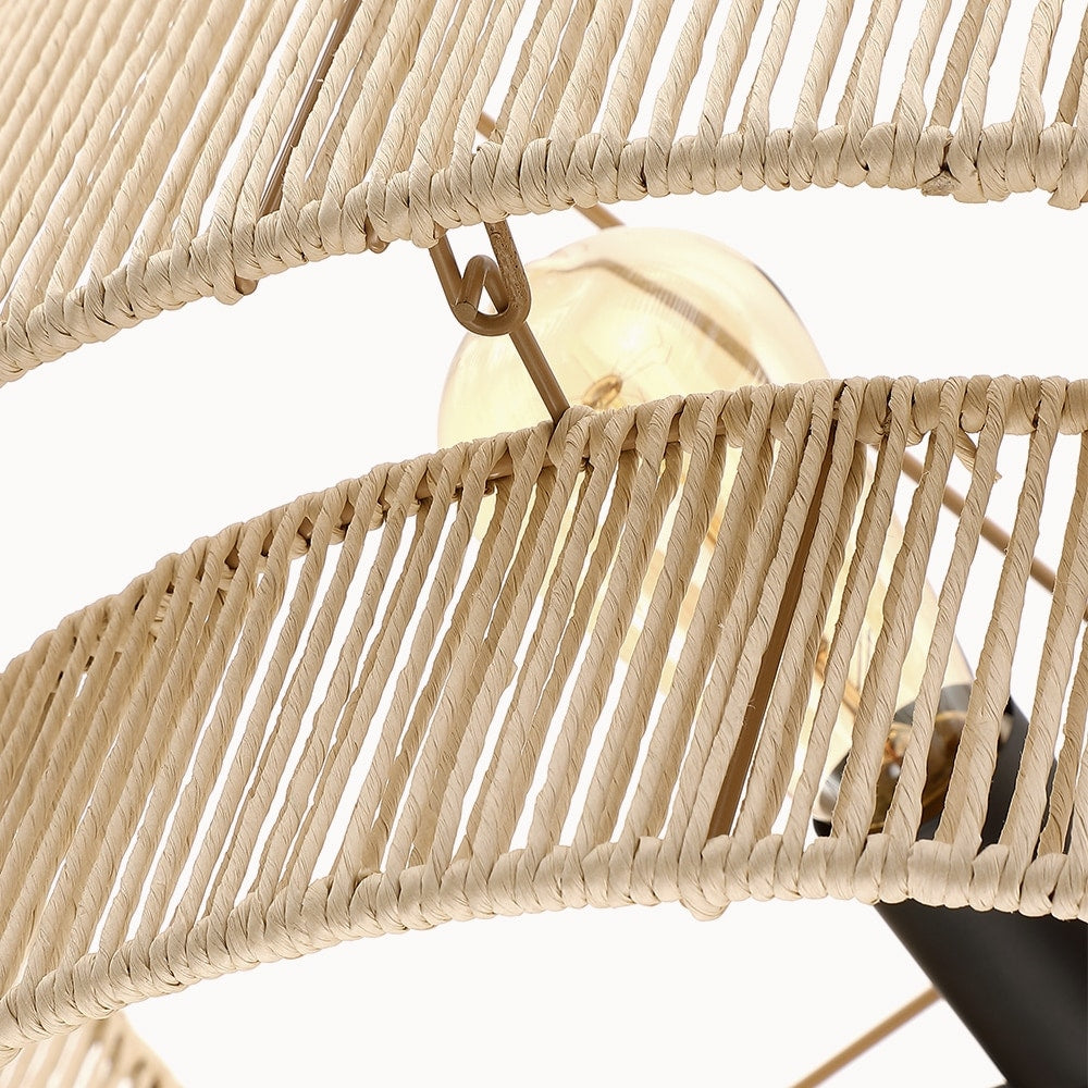 Lampadario a 4 luci a forma di tamburo a strati in vimini con baldacchino nero - 56 cm di larghezza