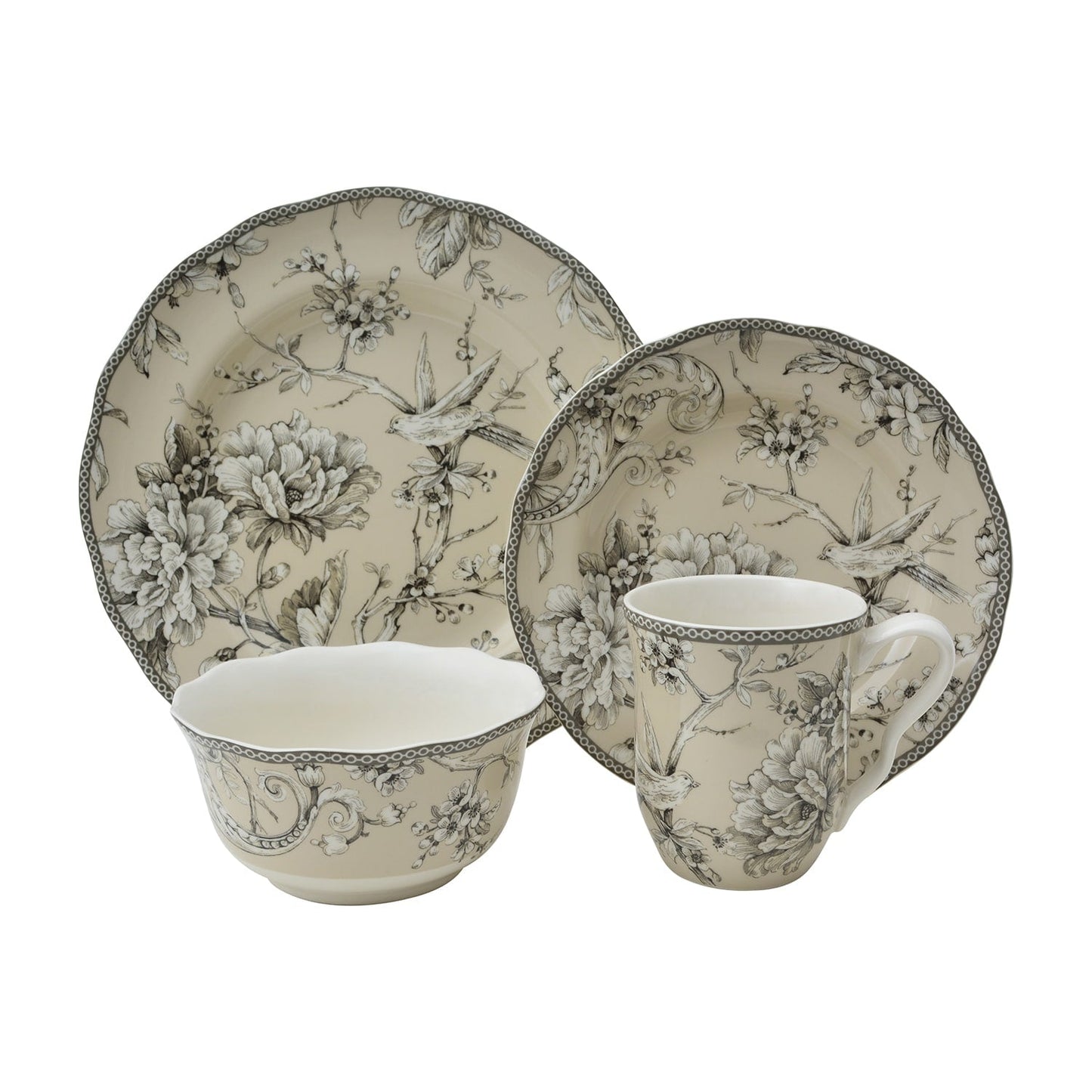 Set da tavola in porcellana 222 Fifth Adelaide da 16 pezzi con piatti rotondi, ciotole e tazze, bianco antico.