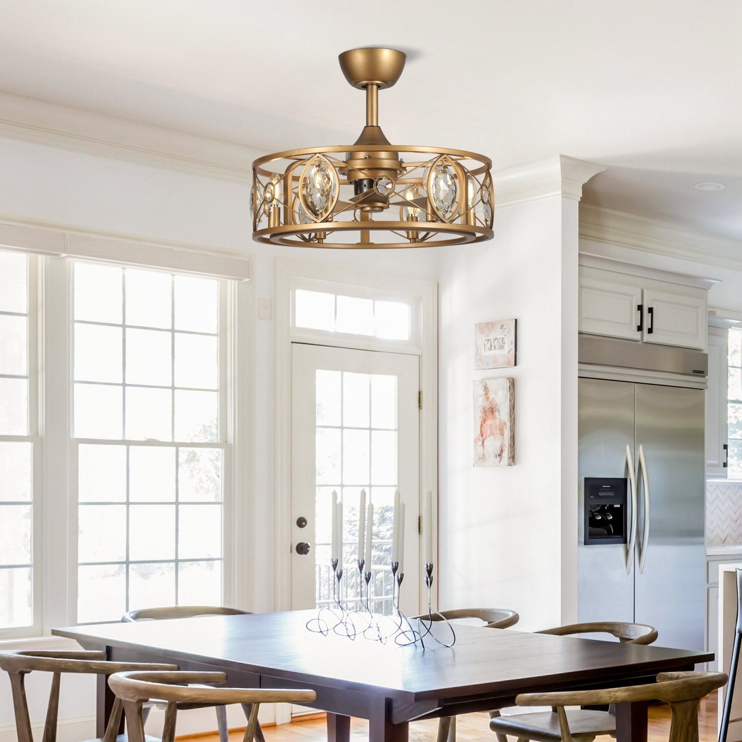 Ventilatore da soffitto con lampadario a gabbia di cristallo moderno a 22 luci con telecomando