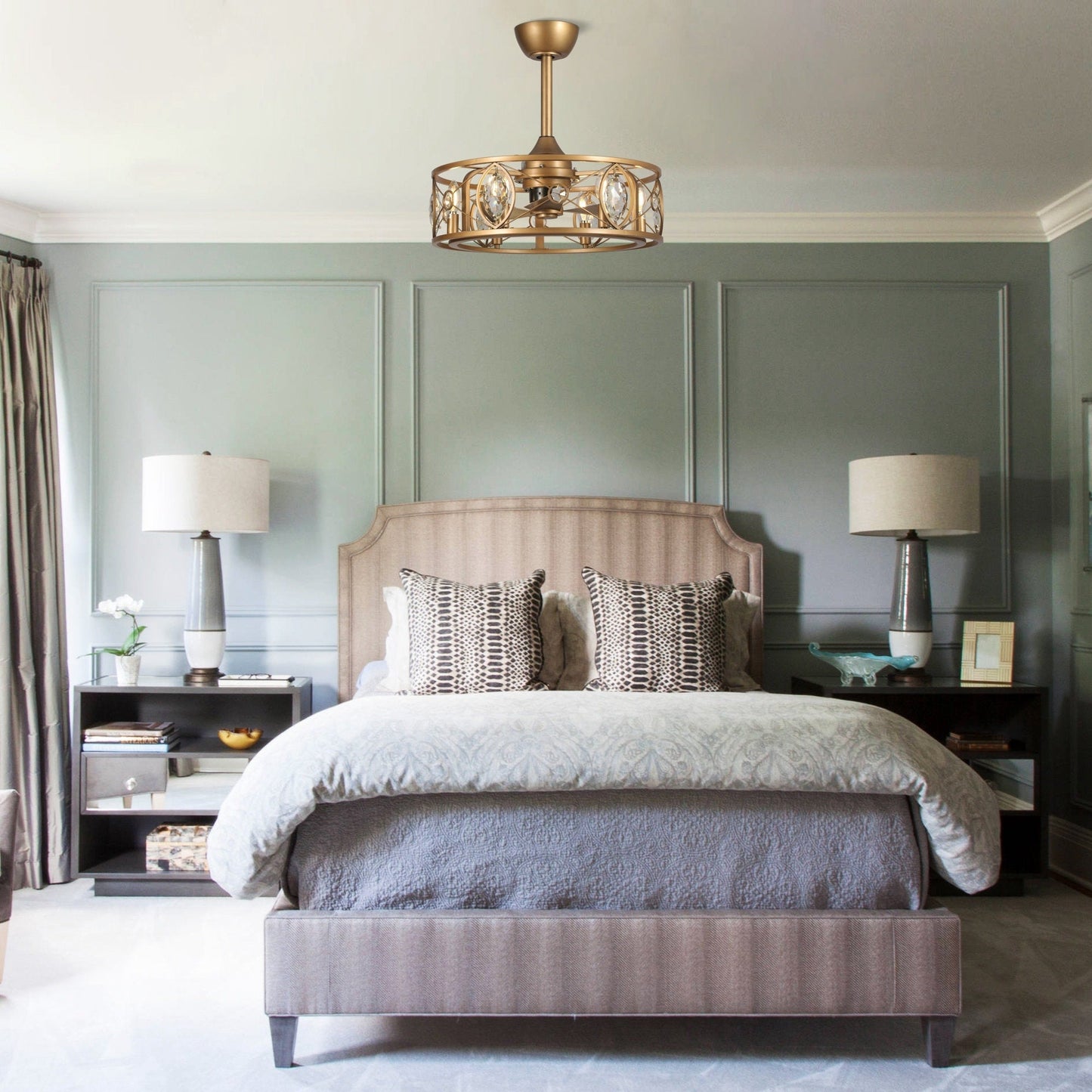 Ventilatore da soffitto con lampadario a gabbia di cristallo moderno a 22 luci con telecomando