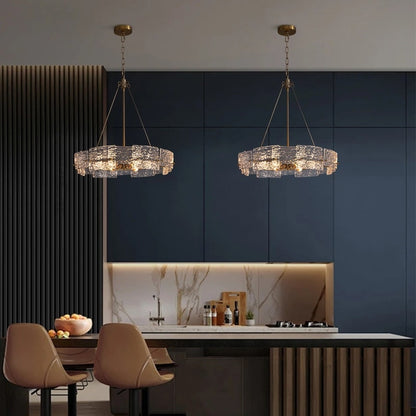 Lampadario a cristallo moderno dorato da 60 cm (23,6 pollici) con 6 luci, stile glamour, a forma di tamburo, ideale per isola cucina e sala da pranzo.