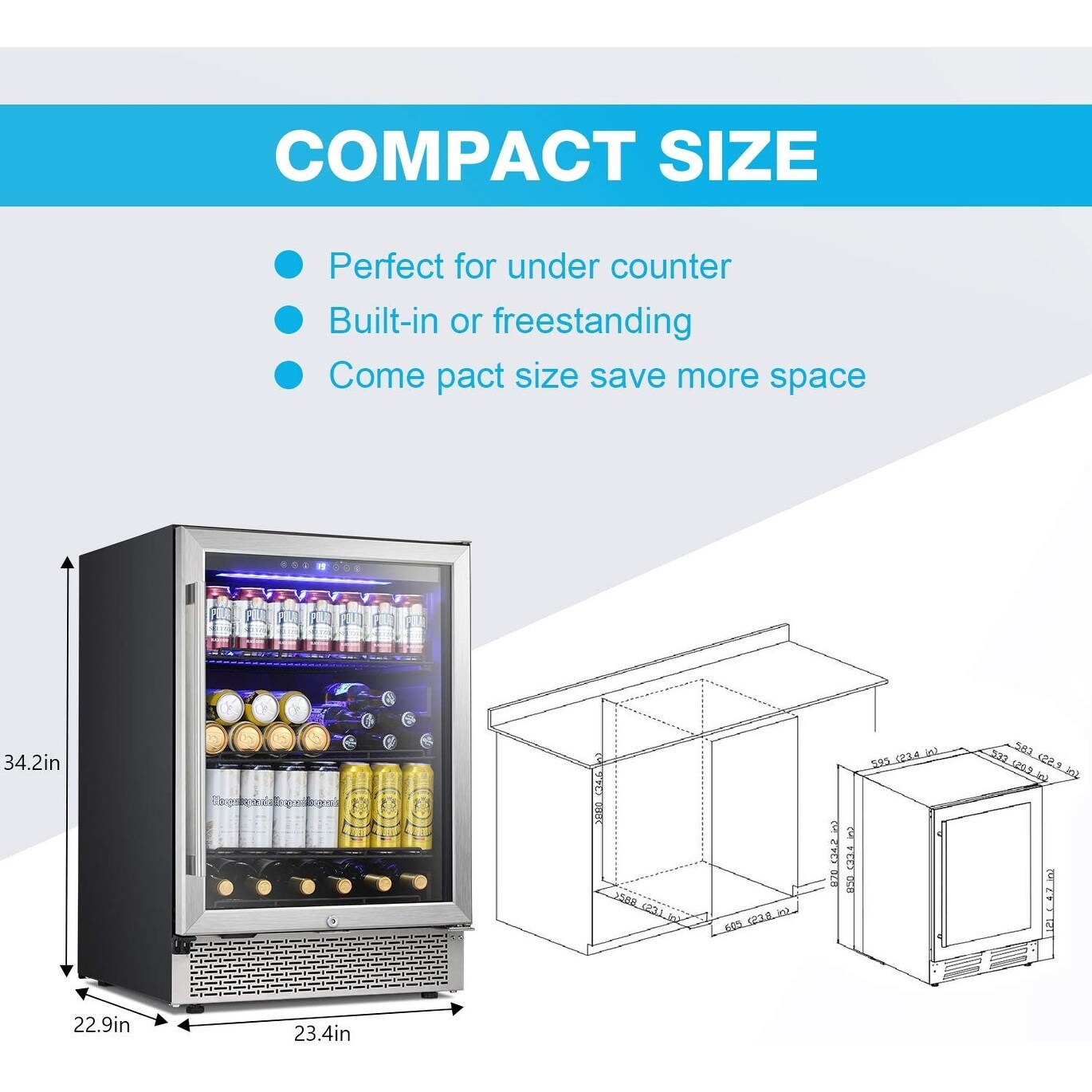 Frigorifero per bevande da 24 pollici, mini frigo integrato con cantina vini.