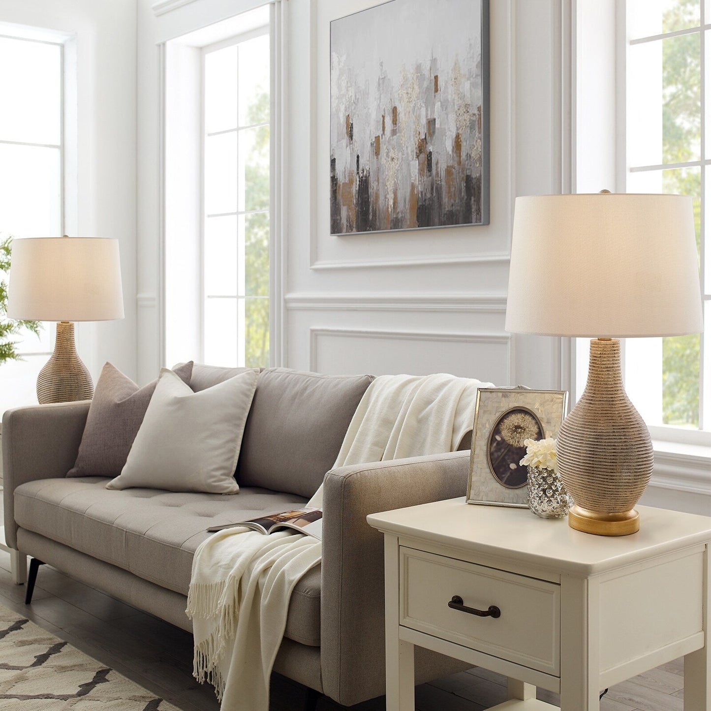 Lampada da tavolo da fattoria color beige/oro sbiancato da 62 cm con paralume in lino bianco (confezione da 2) - 62 cm di altezza