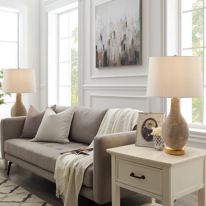 Lampada da tavolo da fattoria color beige/oro sbiancato da 62 cm con paralume in lino bianco (confezione da 2) - 62 cm di altezza