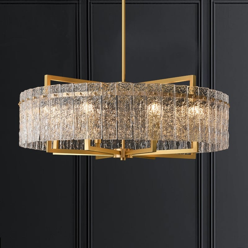 Lampadario a tamburo moderno dorato da 65 cm con cristalli, 6 luci, stile glamour, dimmerabile, a sospensione, ideale per cucina, isola, sala da pranzo, con vetro satinato.