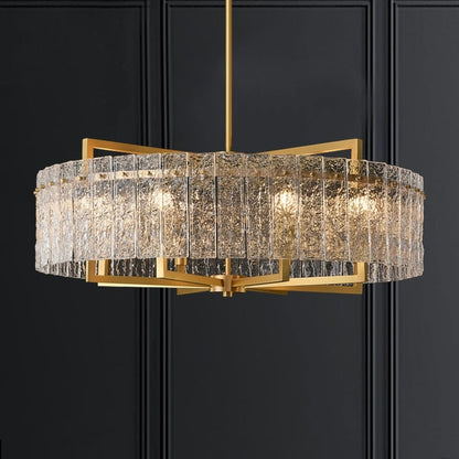 Lampadario a tamburo moderno dorato da 65 cm con cristalli, 6 luci, stile glamour, dimmerabile, a sospensione, ideale per cucina, isola, sala da pranzo, con vetro satinato.