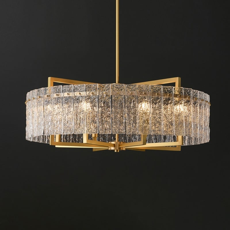 Lampadario a tamburo moderno dorato da 65 cm con cristalli, 6 luci, stile glamour, dimmerabile, a sospensione, ideale per cucina, isola, sala da pranzo, con vetro satinato.