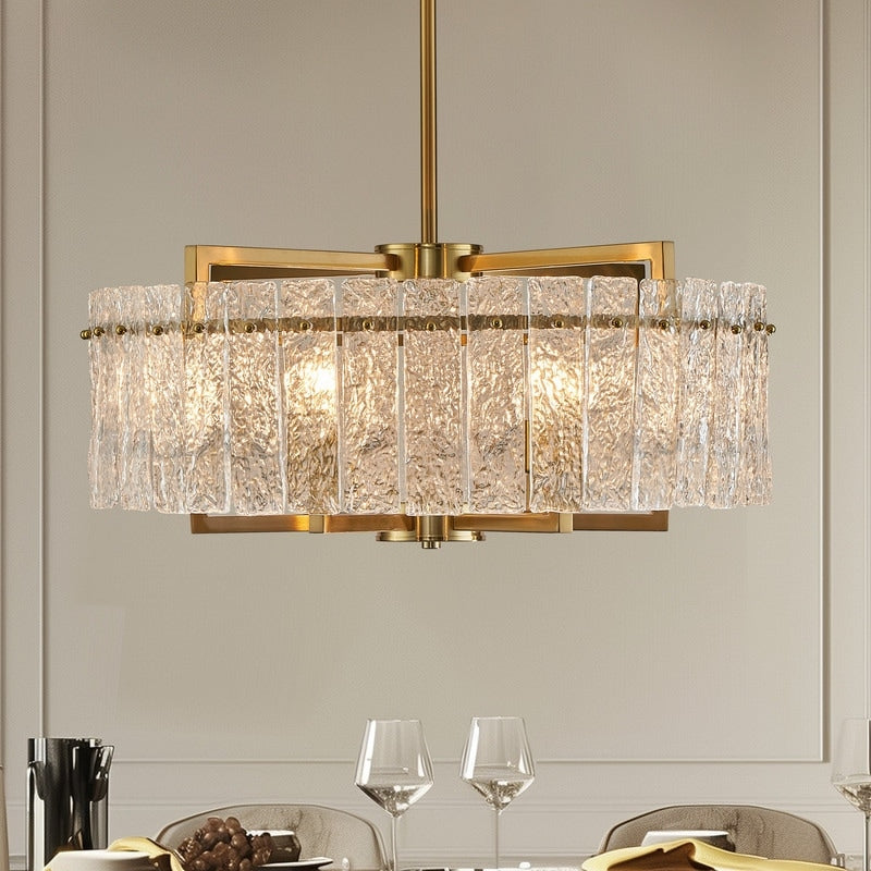 Lampadario a tamburo moderno dorato da 65 cm con cristalli, 6 luci, stile glamour, dimmerabile, a sospensione, ideale per cucina, isola, sala da pranzo, con vetro satinato.