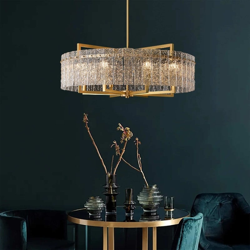 Lampadario a tamburo moderno dorato da 65 cm con cristalli, 6 luci, stile glamour, dimmerabile, a sospensione, ideale per cucina, isola, sala da pranzo, con vetro satinato.