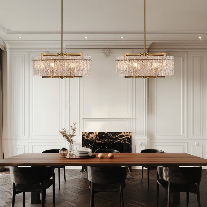 Lampadario a tamburo moderno dorato da 65 cm con cristalli, 6 luci, stile glamour, dimmerabile, a sospensione, ideale per cucina, isola, sala da pranzo, con vetro satinato.