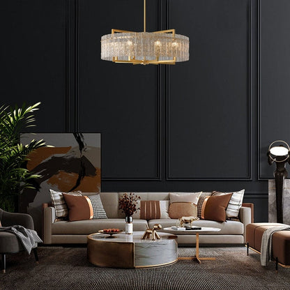 Lampadario a tamburo moderno dorato da 65 cm con cristalli, 6 luci, stile glamour, dimmerabile, a sospensione, ideale per cucina, isola, sala da pranzo, con vetro satinato.