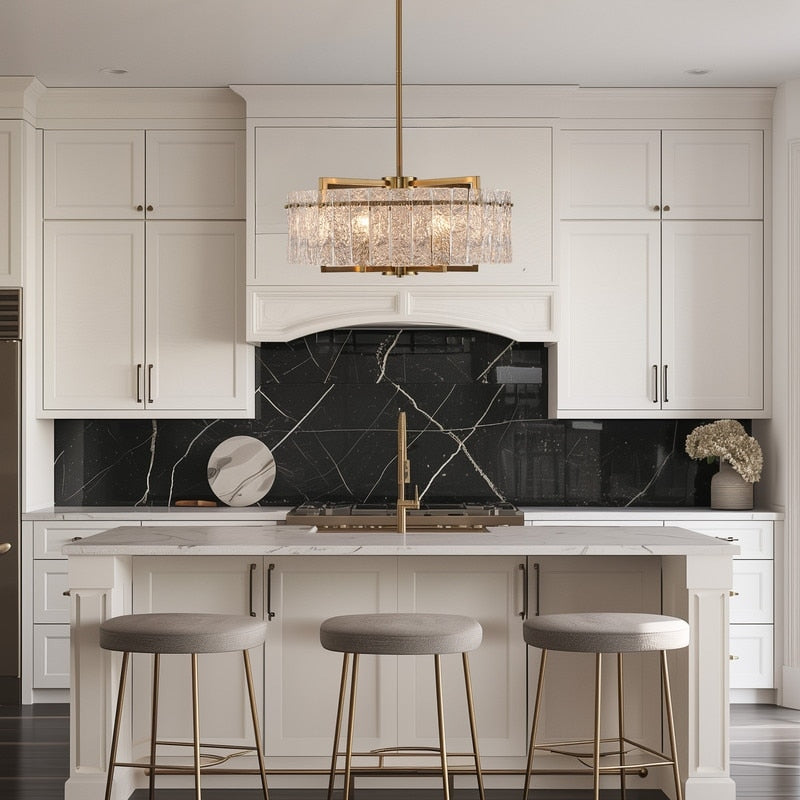 Lampadario a tamburo moderno dorato da 65 cm con cristalli, 6 luci, stile glamour, dimmerabile, a sospensione, ideale per cucina, isola, sala da pranzo, con vetro satinato.