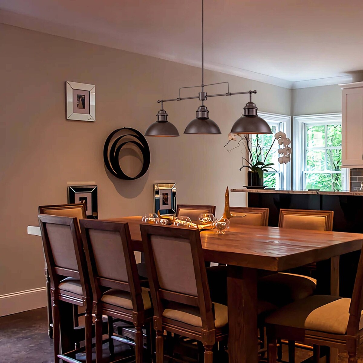 Lampada a sospensione a 3 luci in stile industriale/rustico a forma di cupola, in metallo, con finitura in bronzo oliato, ideale per illuminare isole cucina.