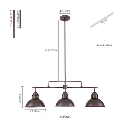 Lampada a sospensione a 3 luci in stile industriale/rustico a forma di cupola, in metallo, con finitura in bronzo oliato, ideale per illuminare isole cucina.