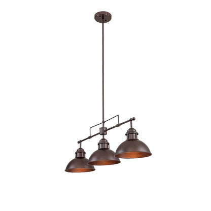 Lampada a sospensione a 3 luci in stile industriale/rustico a forma di cupola, in metallo, con finitura in bronzo oliato, ideale per illuminare isole cucina.