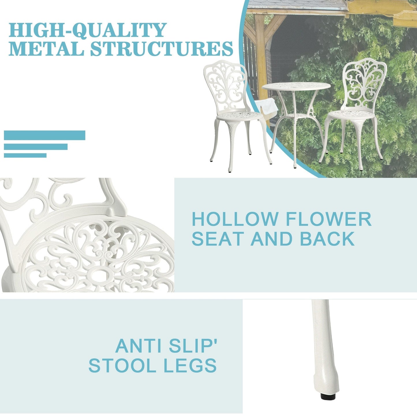 Tavolo e sedie da giardino in alluminio a forma di farfalla, 3 pezzi, con foro per ombrellone