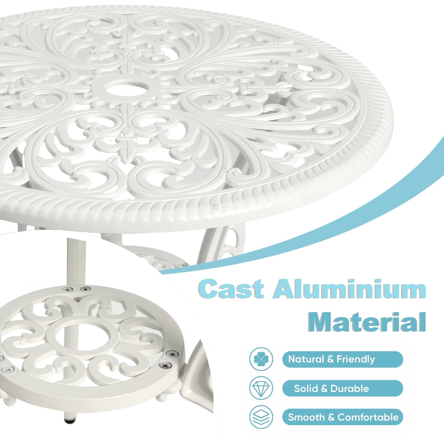 Tavolo e sedie da giardino in alluminio a forma di farfalla, 3 pezzi, con foro per ombrellone