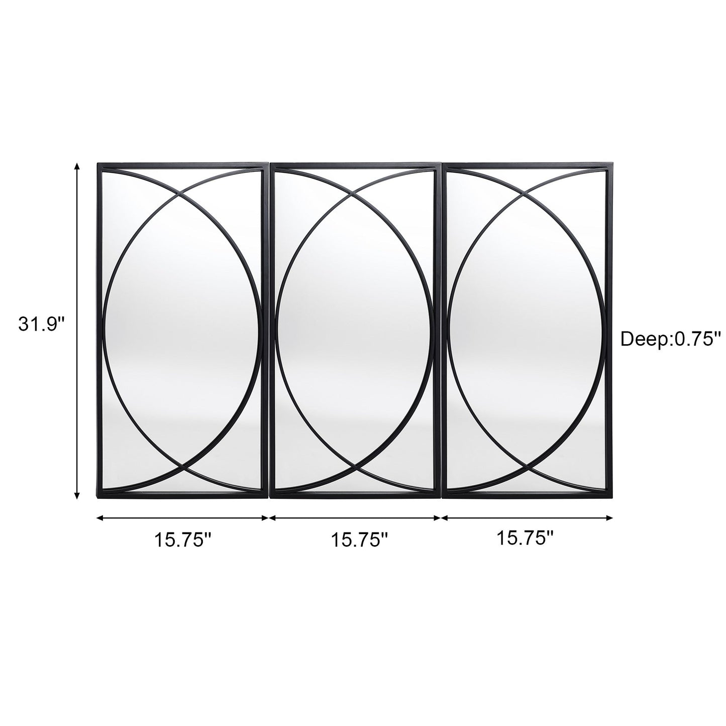Set di 3 specchi da parete rettangolari in metallo nero - 80,5 H x 40 L x 1,9 P (cm)