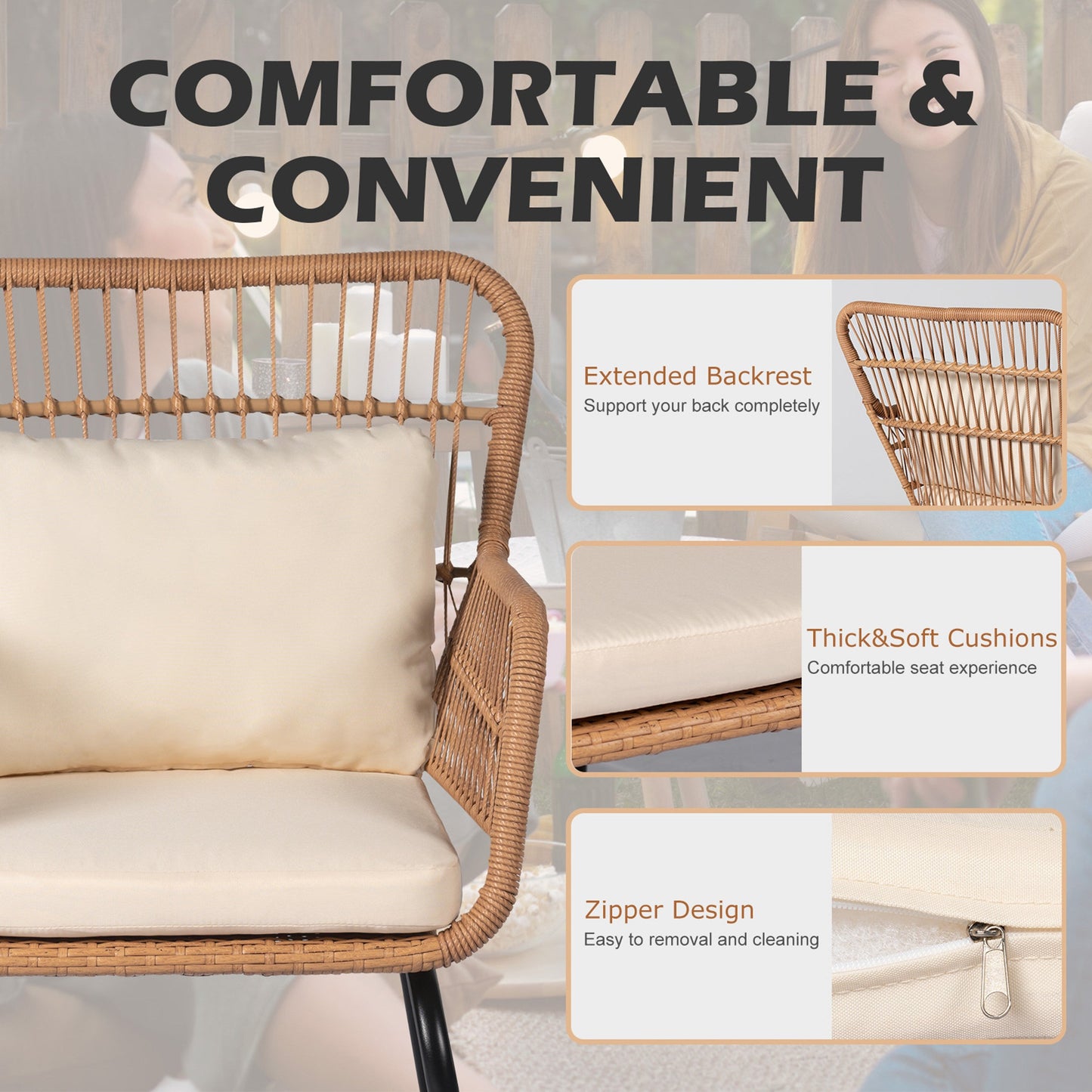 Set da Bistro in vimini da esterno da 3 pezzi, mobili da patio in rattan resistenti alle intemperie con cuscini.