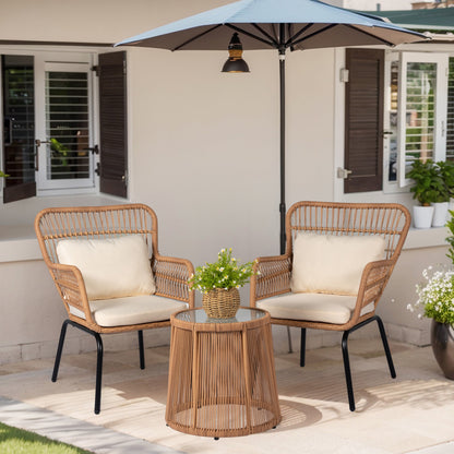 Set da Bistro in vimini da esterno da 3 pezzi, mobili da patio in rattan resistenti alle intemperie con cuscini.