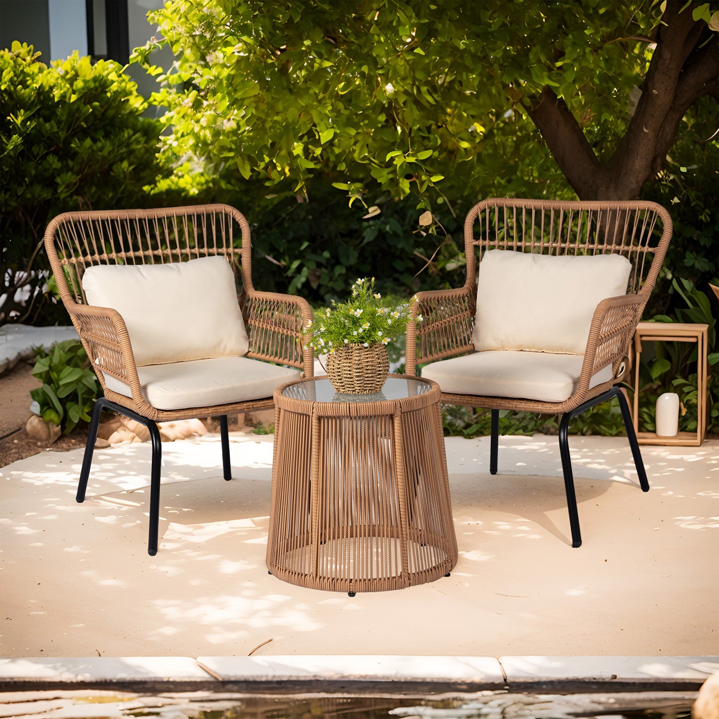 Set da Bistro in vimini da esterno da 3 pezzi, mobili da patio in rattan resistenti alle intemperie con cuscini.
