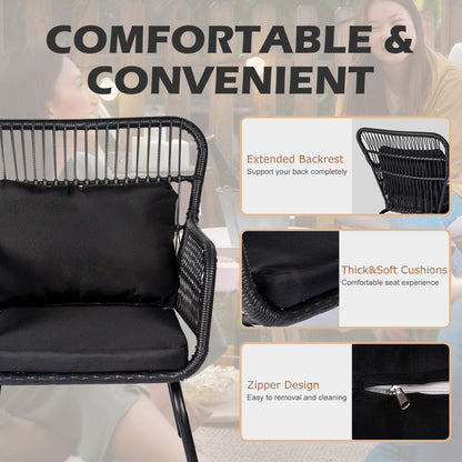 Set da Bistro in vimini da esterno da 3 pezzi, mobili da patio in rattan resistenti alle intemperie con cuscini.