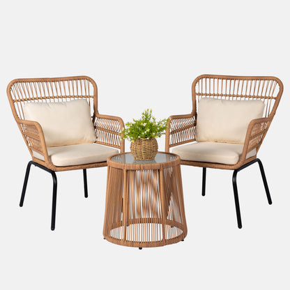 Set da Bistro in vimini da esterno da 3 pezzi, mobili da patio in rattan resistenti alle intemperie con cuscini.
