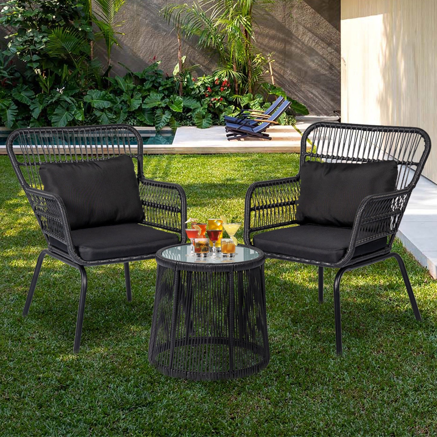Set da Bistro in vimini da esterno da 3 pezzi, mobili da patio in rattan resistenti alle intemperie con cuscini.
