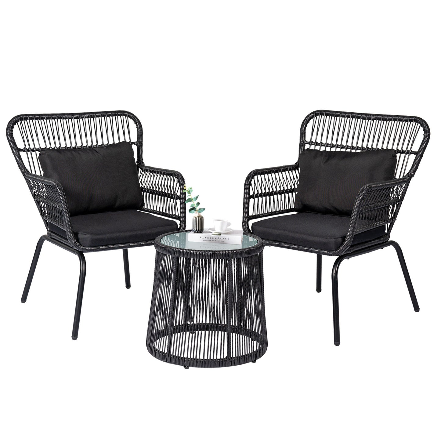 Set da Bistro in vimini da esterno da 3 pezzi, mobili da patio in rattan resistenti alle intemperie con cuscini.