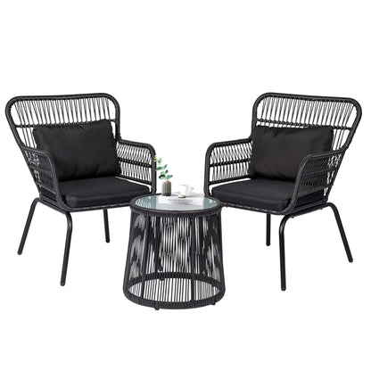 Set da Bistro in vimini da esterno da 3 pezzi, mobili da patio in rattan resistenti alle intemperie con cuscini.