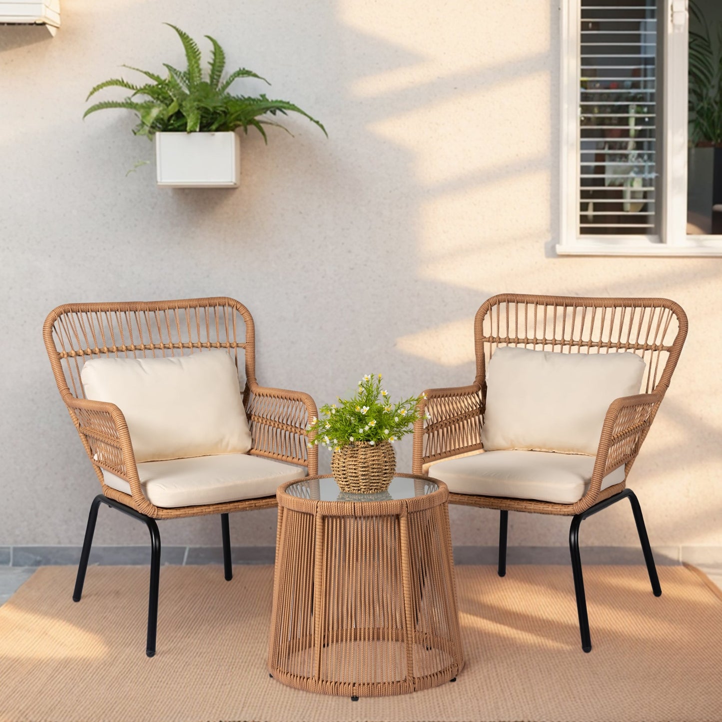 Set da Bistro in vimini da esterno da 3 pezzi, mobili da patio in rattan resistenti alle intemperie con cuscini.
