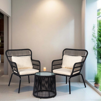 Set da Bistro in vimini da esterno da 3 pezzi, mobili da patio in rattan resistenti alle intemperie con cuscini.