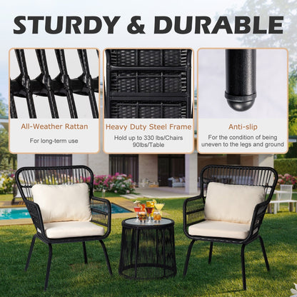 Set da Bistro in vimini da esterno da 3 pezzi, mobili da patio in rattan resistenti alle intemperie con cuscini.