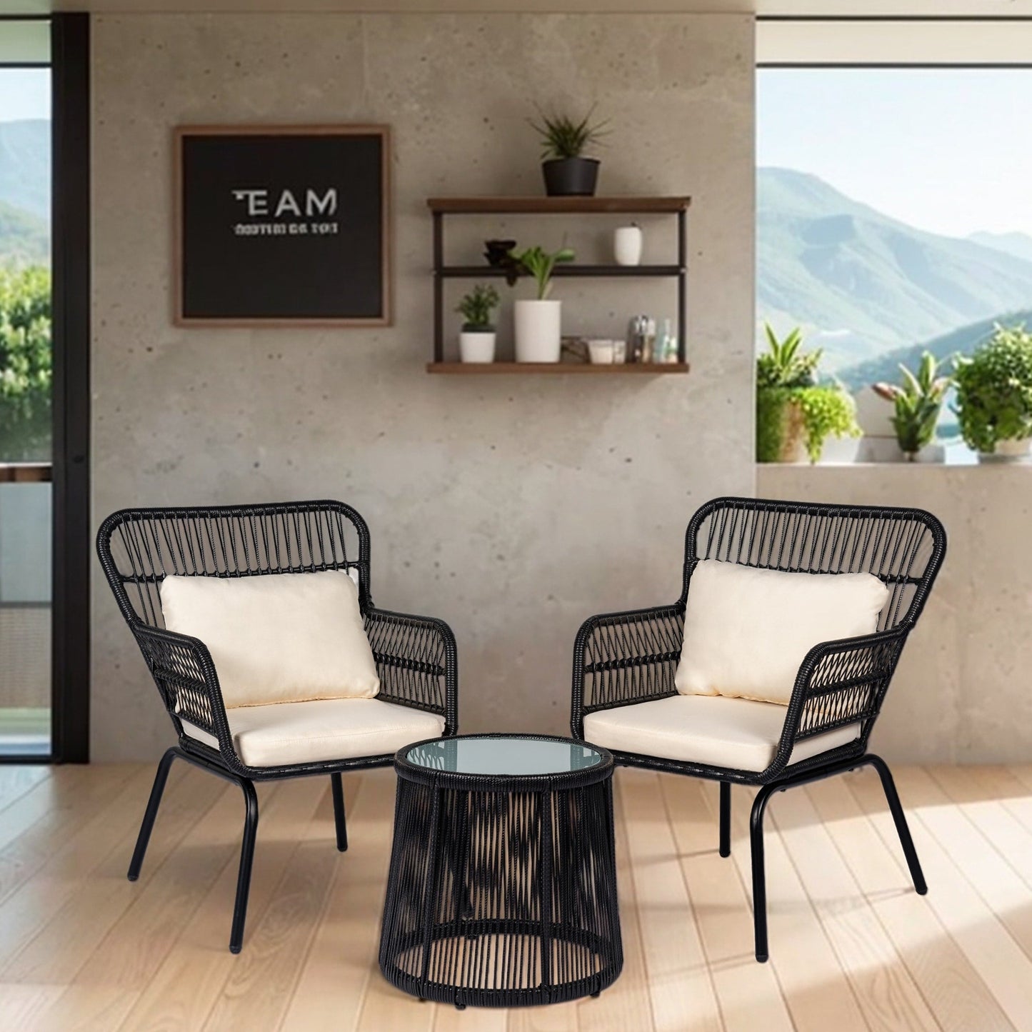 Set da Bistro in vimini da esterno da 3 pezzi, mobili da patio in rattan resistenti alle intemperie con cuscini.