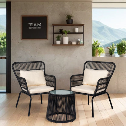 Set da Bistro in vimini da esterno da 3 pezzi, mobili da patio in rattan resistenti alle intemperie con cuscini.