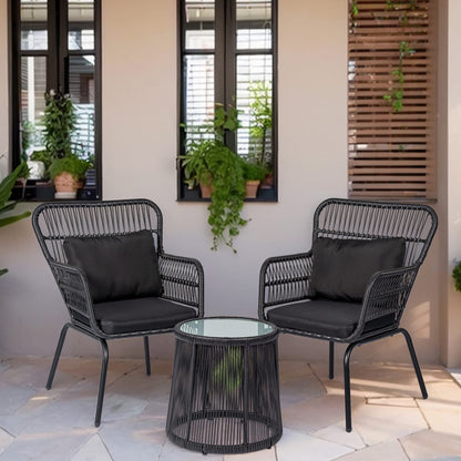 Set da Bistro in vimini da esterno da 3 pezzi, mobili da patio in rattan resistenti alle intemperie con cuscini.