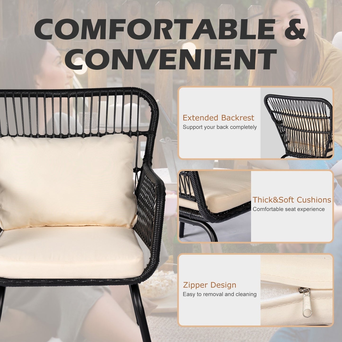 Set da Bistro in vimini da esterno da 3 pezzi, mobili da patio in rattan resistenti alle intemperie con cuscini.