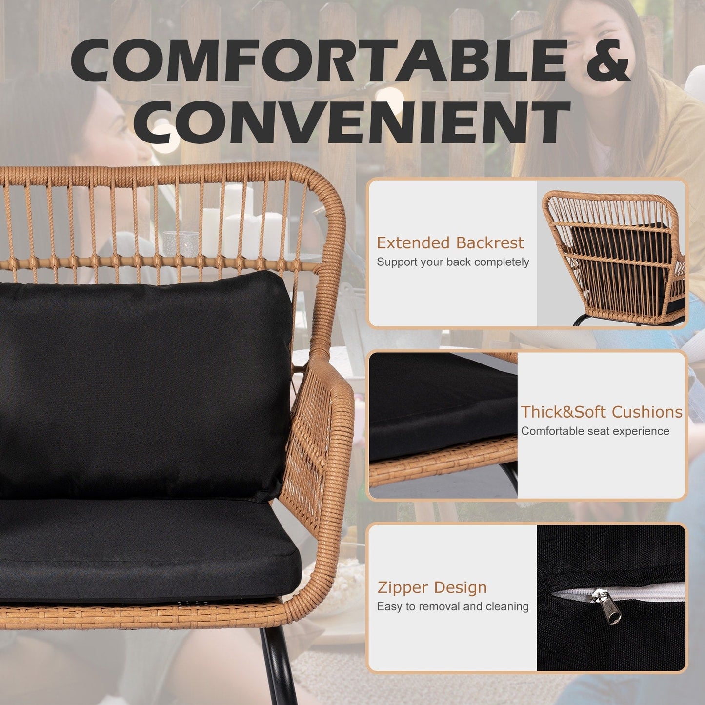 Set da Bistro in vimini da esterno da 3 pezzi, mobili da patio in rattan resistenti alle intemperie con cuscini.