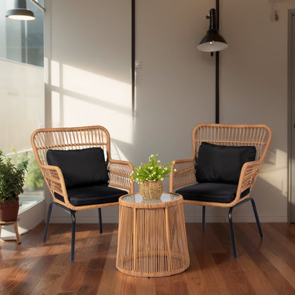 Set da Bistro in vimini da esterno da 3 pezzi, mobili da patio in rattan resistenti alle intemperie con cuscini.