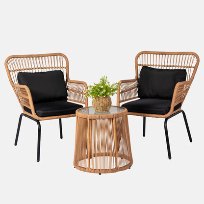 Set da Bistro in vimini da esterno da 3 pezzi, mobili da patio in rattan resistenti alle intemperie con cuscini.